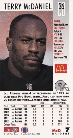 1993 GameDay McDonald's Los Angeles Raiders #7 Terry McDaniel Back