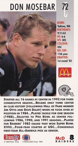1993 GameDay McDonald's Los Angeles Raiders #8 Don Mosebar Back