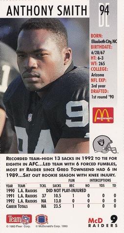 1993 GameDay McDonald's Los Angeles Raiders #9 Anthony Smith Back