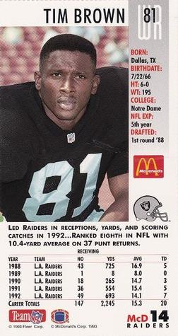 1993 GameDay McDonald's Los Angeles Raiders #14 Tim Brown Back