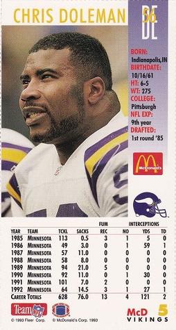1993 GameDay McDonald's Minnesota Vikings #5 Chris Doleman Back