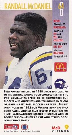 1993 GameDay McDonald's Minnesota Vikings #9 Randall McDaniel Back