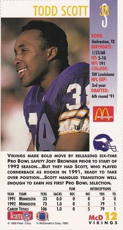 1993 GameDay McDonald's Minnesota Vikings #12 Todd Scott Back