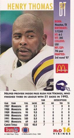1993 GameDay McDonald's Minnesota Vikings #16 Henry Thomas Back
