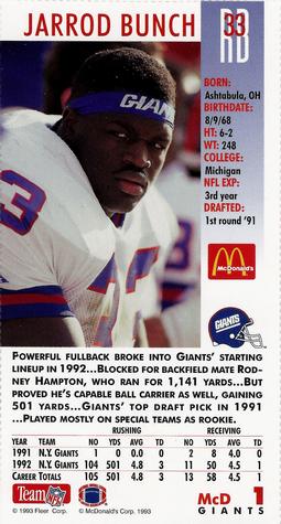 1993 GameDay McDonald's New York Giants #1 Jarrod Bunch Back