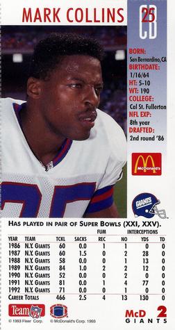 1993 GameDay McDonald's New York Giants #2 Mark Collins Back