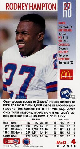 1993 GameDay McDonald's New York Giants #4 Rodney Hampton Back
