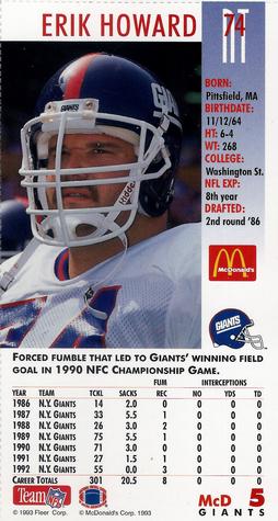 1993 GameDay McDonald's New York Giants #5 Erik Howard Back