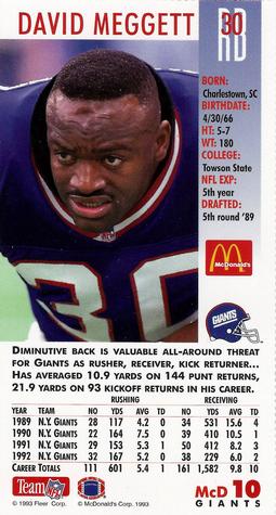 1993 GameDay McDonald's New York Giants #10 David Meggett Back