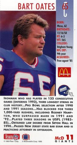 1993 GameDay McDonald's New York Giants #11 Bart Oates Back