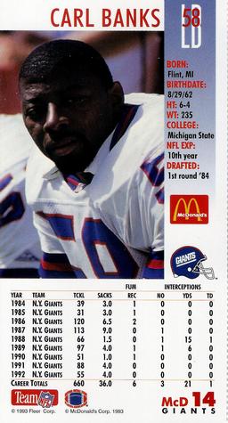 1993 GameDay McDonald's New York Giants #14 Carl Banks Back
