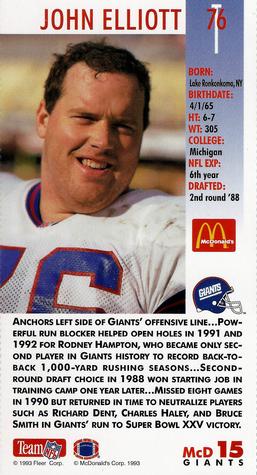 1993 GameDay McDonald's New York Giants #15 John Elliott Back