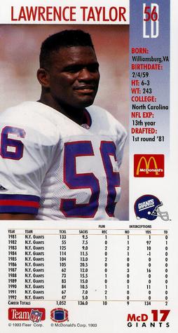 1993 GameDay McDonald's New York Giants #17 Lawrence Taylor Back
