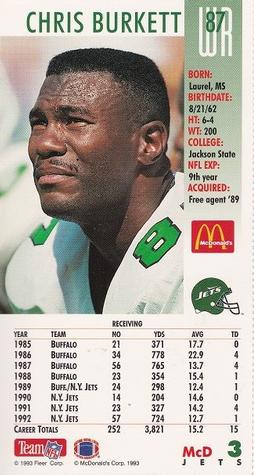 1993 GameDay McDonald's New York Jets #3 Chris Burkett Back