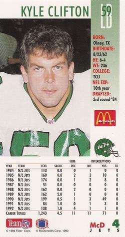 1993 GameDay McDonald's New York Jets #4 Kyle Clifton Back