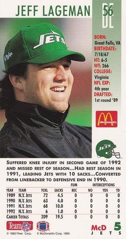 1993 GameDay McDonald's New York Jets #5 Jeff Lageman Back