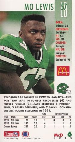 1993 GameDay McDonald's New York Jets #6 Mo Lewis Back