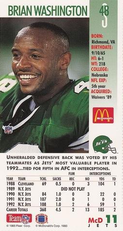 1993 GameDay McDonald's New York Jets #11 Brian Washington Back
