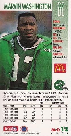 1993 GameDay McDonald's New York Jets #12 Marvin Washington Back