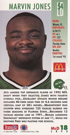 1993 GameDay McDonald's New York Jets #18 Marvin Jones Back