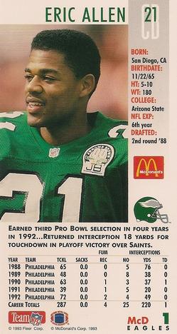 1993 GameDay McDonald's Philadelphia Eagles #1 Eric Allen Back