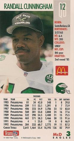 1993 GameDay McDonald's Philadelphia Eagles #3 Randall Cunningham Back