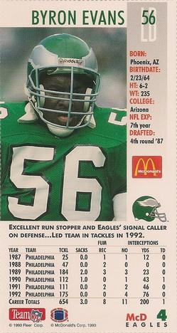1993 GameDay McDonald's Philadelphia Eagles #4 Byron Evans Back