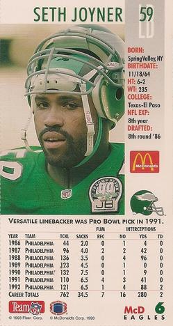 1993 GameDay McDonald's Philadelphia Eagles #6 Seth Joyner Back