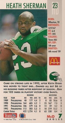 1993 GameDay McDonald's Philadelphia Eagles #7 Heath Sherman Back