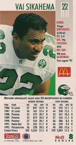 1993 GameDay McDonald's Philadelphia Eagles #8 Vai Sikahema Back
