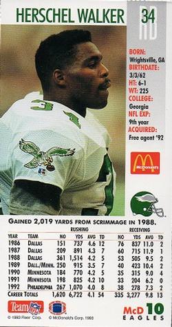 1993 GameDay McDonald's Philadelphia Eagles #10 Herschel Walker Back