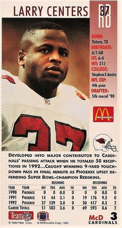 1993 GameDay McDonald's Phoenix Cardinals #3 Larry Centers Back