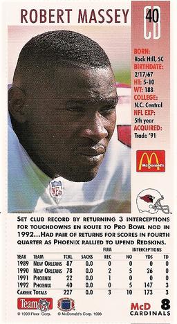 1993 GameDay McDonald's Phoenix Cardinals #8 Robert Massey Back