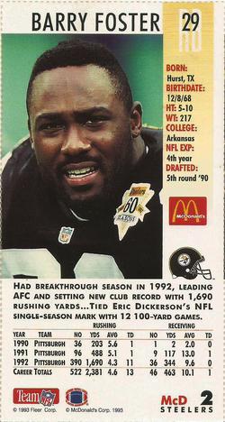 1993 GameDay McDonald's Pittsburgh Steelers #2 Barry Foster Back