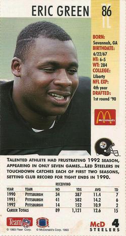 1993 GameDay McDonald's Pittsburgh Steelers #4 Eric Green Back