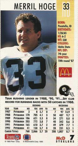 1993 GameDay McDonald's Pittsburgh Steelers #7 Merril Hoge Back