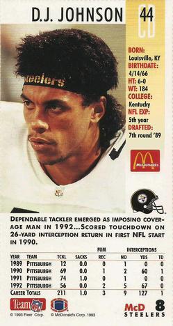 1993 GameDay McDonald's Pittsburgh Steelers #8 D.J. Johnson Back