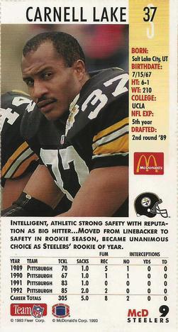 1993 GameDay McDonald's Pittsburgh Steelers #9 Carnell Lake Back