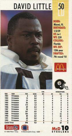 1993 GameDay McDonald's Pittsburgh Steelers #10 David Little Back