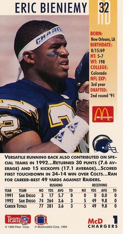 1993 GameDay McDonald's San Diego Chargers #1 Eric Bieniemy Back