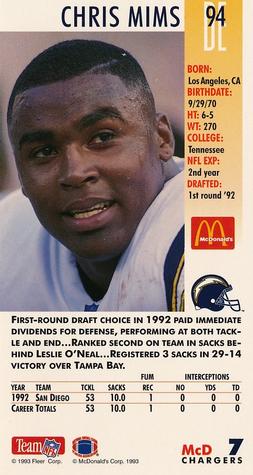 1993 GameDay McDonald's San Diego Chargers #7 Chris Mims Back