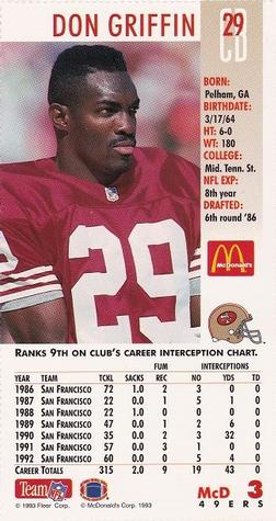 1993 GameDay McDonald's San Francisco 49ers #3 Don Griffin Back