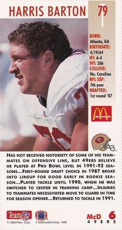1993 GameDay McDonald's San Francisco 49ers #6 Harris Barton Back