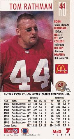 1993 GameDay McDonald's San Francisco 49ers #7 Tom Rathman Back
