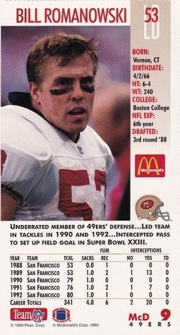 1993 GameDay McDonald's San Francisco 49ers #9 Bill Romanowski Back