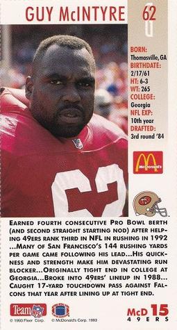 1993 GameDay McDonald's San Francisco 49ers #15 Guy McIntyre Back