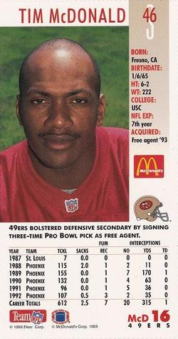1993 GameDay McDonald's San Francisco 49ers #16 Tim McDonald Back