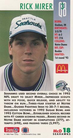 1993 GameDay McDonald's Seattle Seahawks #18 Rick Mirer Back