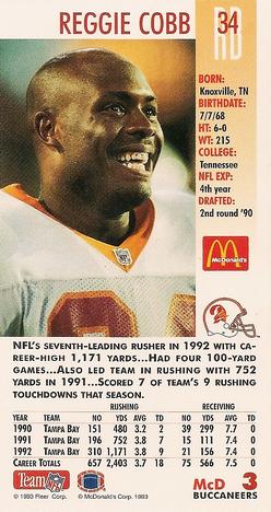 1993 GameDay McDonald's Tampa Bay Buccaneers #3 Reggie Cobb Back