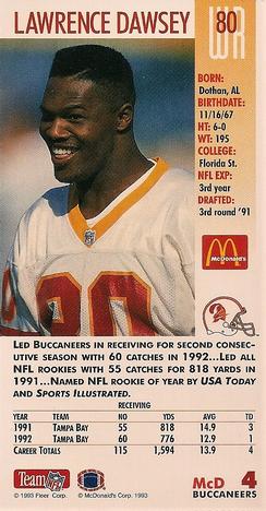 1993 GameDay McDonald's Tampa Bay Buccaneers #4 Lawrence Dawsey Back